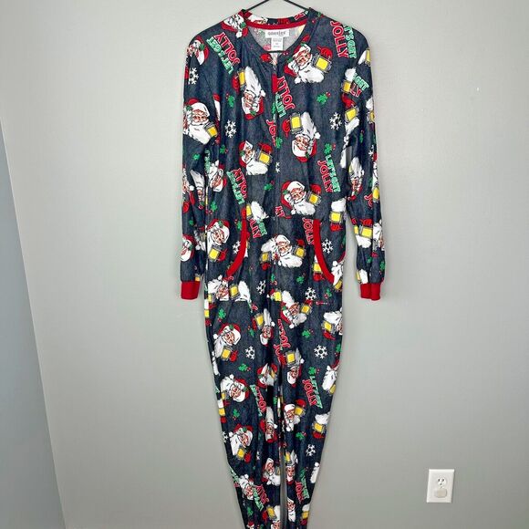Adult One piece Zip Santa Lets Get Jolly Pajamas Adult S/M - Picture 1 of 7